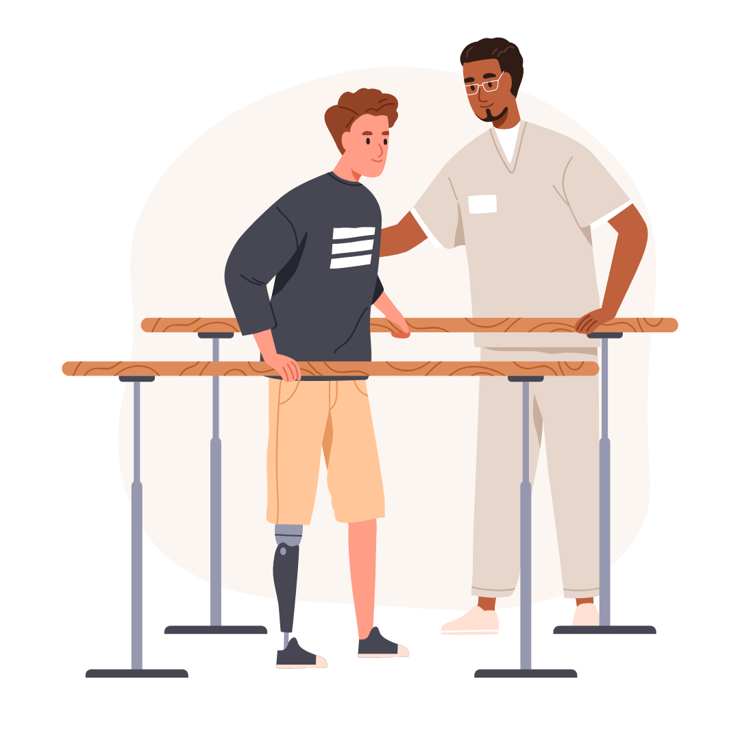 Eine Person mit einer Beinprothese übt das Gehen an Parallelbarren, während eine therapeutische Fachkraft danebensteht und unterstützend zur Seite steht.