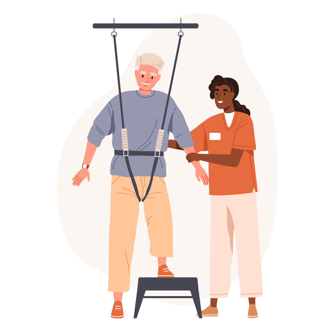 Eine Person steht in einem Geh- oder Balancegestell mit Haltegurten, während eine therapeutische Fachkraft neben ihr steht und unterstützend den Arm hält.