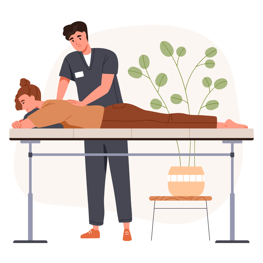 Eine Person liegt in Bauchlage auf einer Behandlungsliege, während eine therapeutische Fachkraft den Rücken oder die Schultern mit den Händen behandelt.